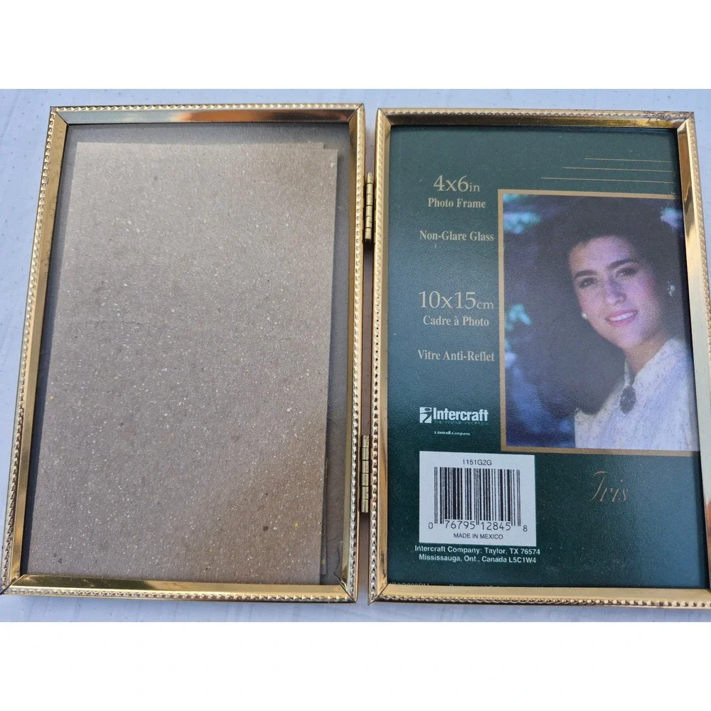 Vintage Intercraft Gold Metal Folding Double Picture Frames Set of 2 Beaded Edge